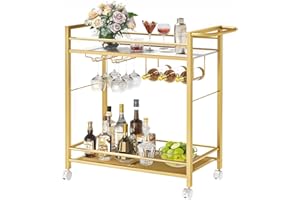 JOAXSWE Bar Cart,Home Bar Serving Cart with Storage Shelves, 2 Tier Rolling Beverage Cart with Wheels, Modern Flowing Gold Wine Cart with Wine Rack and Glass Holder for Kitchen, Dinning Room,Living Room