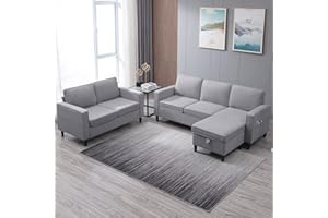 ZAFLY 3 Pcs Sectional Sofa with Storage Ottoman for Living Room, Sectional Couches and Loveseat Sets, Living Room Furniture Set,3-Seat Sofa + Ottoman + Loveseat,Light Grey