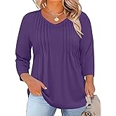 Romanstii Plus Size Tops for Women Womens 2026 Spring 3/4 Sleeve Blouses Dressy Casual V-Neck T-Shirts Pleated Tunic XL-5XL