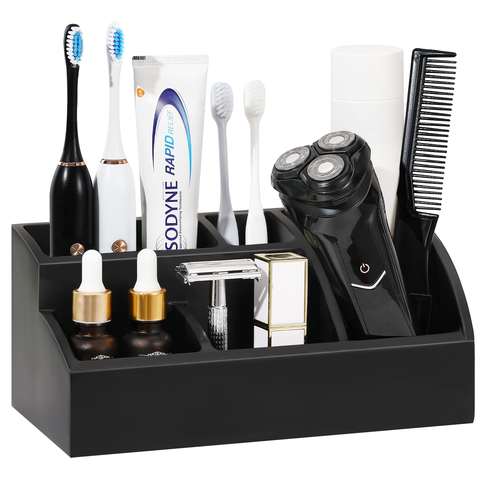 Luxspire Electric Toothbrush Holders, Bathroom Organizer Countertop Caddy 5 Slots Resin Large Toothbrush Holder Caddy Toothpaste Razor Marble Toothbrush holders for Bathroom Accessories, Matte Black — image 1
