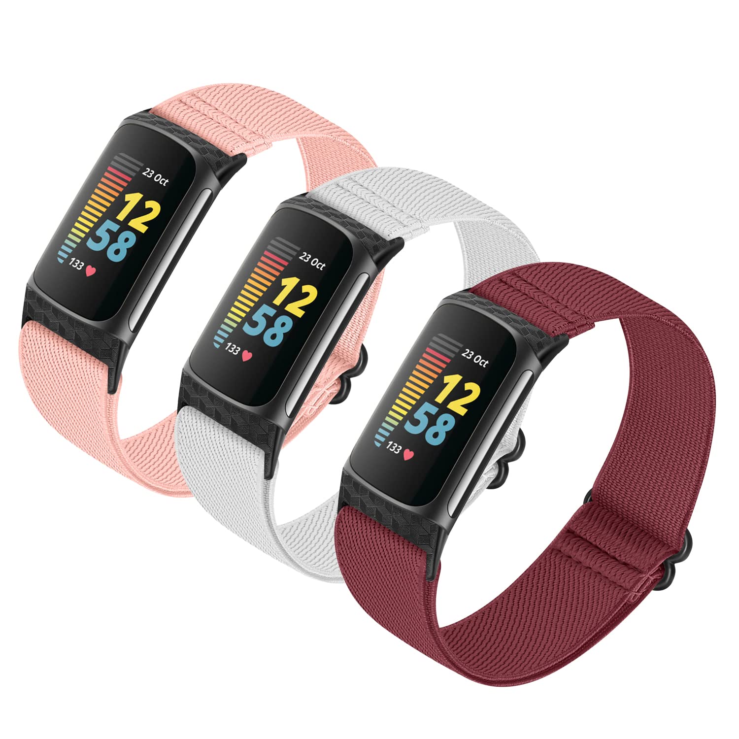 HUYIIO 3 Pack Adjustable Elastic Watch Strap Compatible with Fitbit Charge 5 Straps, Soft Breathable Nylon Sport Band Stretchy Replacement Wristband For Women Men — image 1