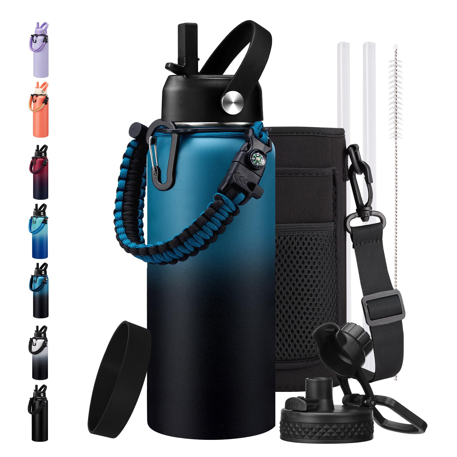 Photo 1 of 32/40/64/128oz Water Bottle with Straw Auto Spout Lid Keep Cold 48h, Insulated Water Bottles 32 oz with Strap Carrier, Protective Boot & Paracord Handle