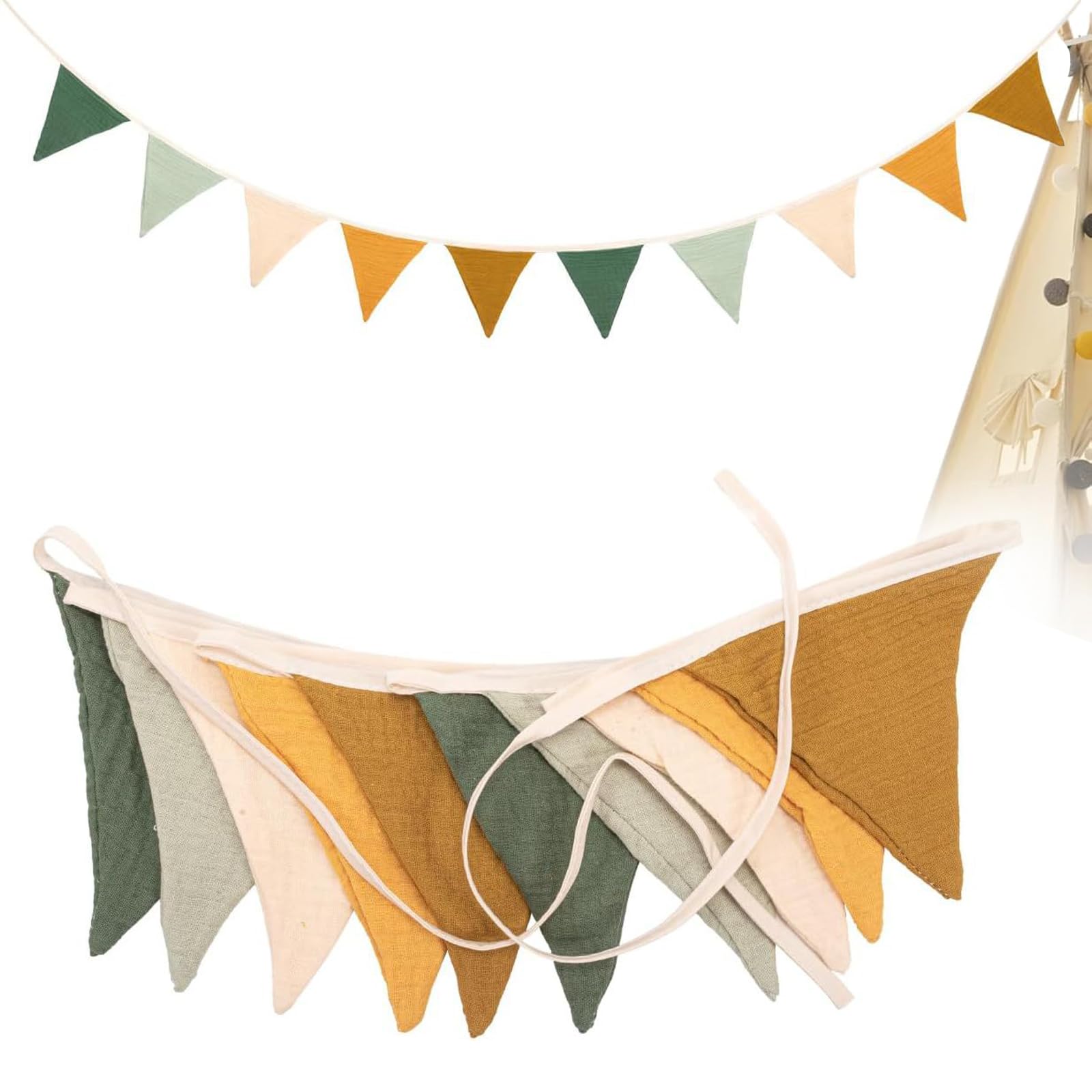 Fabric Bunting Banner,Triangle Baby Bunting for Nursery,Double Sided Colorful Cotton Bunting Garland for Vintage Themed Wedding Afternoon Tea Garden Party Nursery/Baby Shower Decor(Morandi GREEN)