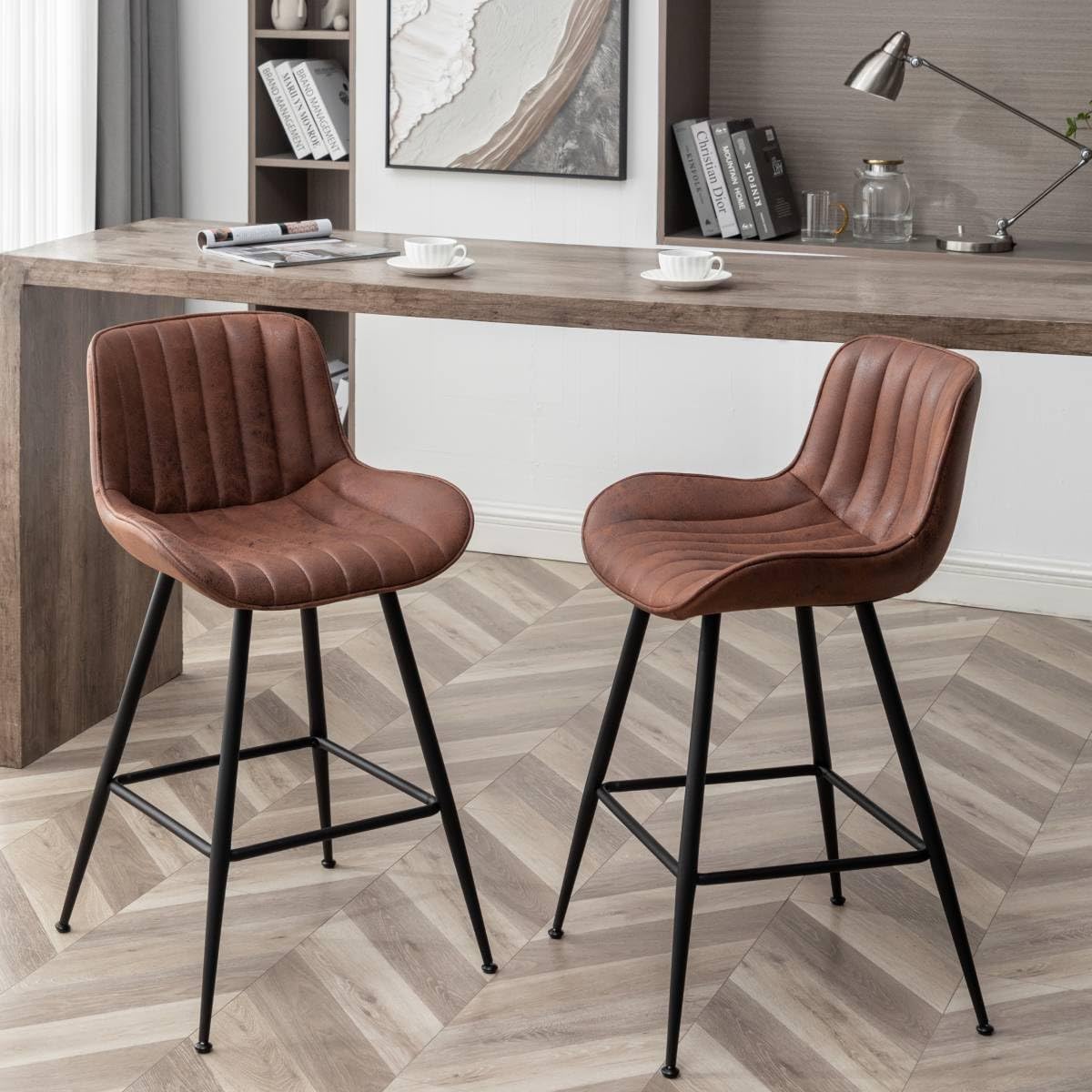 Photo 1 of Whiterye Brown Bar Stools Set of 2, Fabric Upholstered Barstools Armless, 24 in Bar Stool Bar Height, Black and Brown Barstools for Home Bar, Coffee Bar.