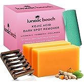 Kojic Acid Soap with African Net + Bar Holder (2 Bars) Dark spot remover & Scars with Collagen and Hyaluronic Acid, Control Hyperpigmentation, Turmeric Soap for Face & Body with Vitamin C & E