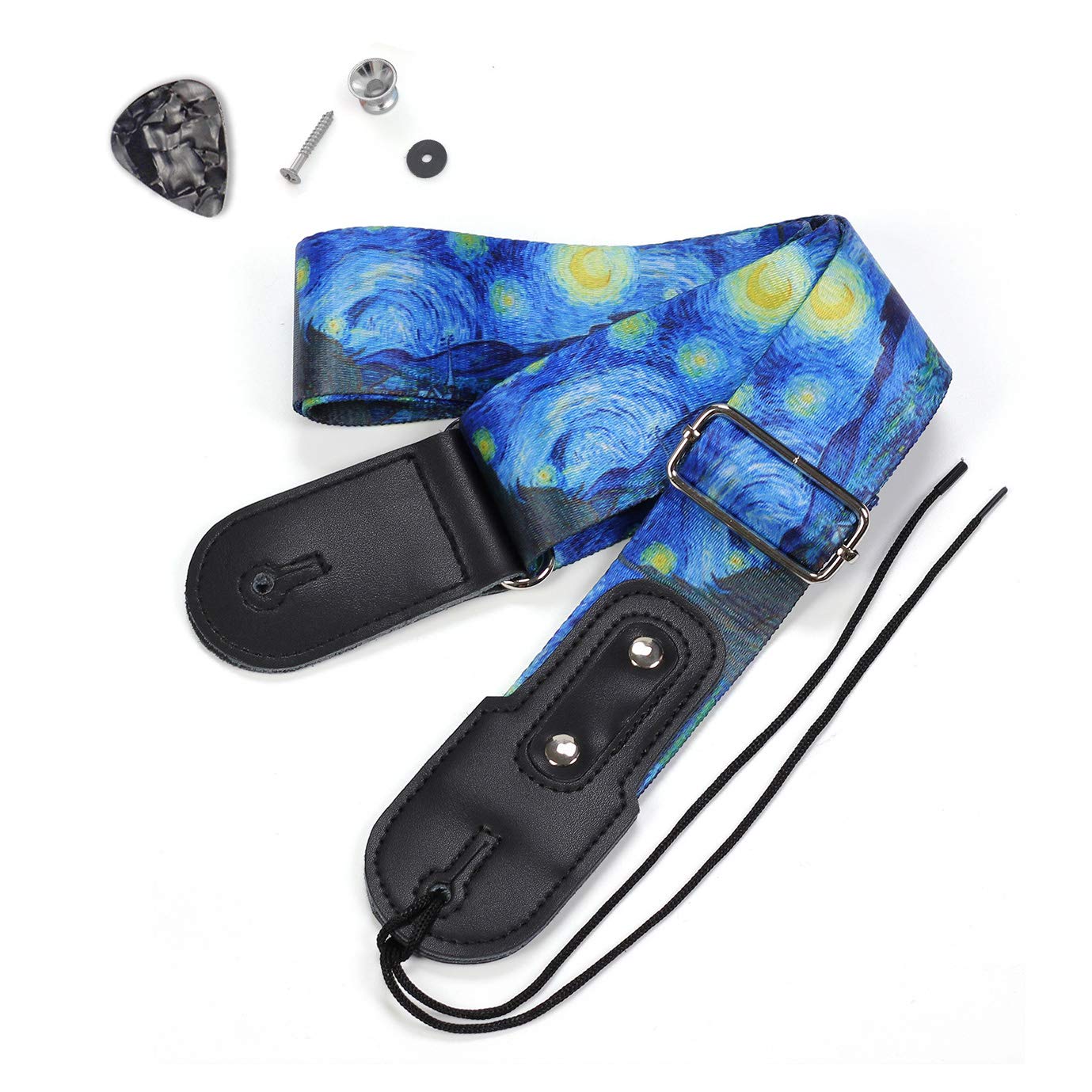 Longteam Simple Linen Leather Guitar Strap Adjustable Length Durable Electric Guitar Bass Straps with Nail, Rope, Picks (Classic The Starry Night)