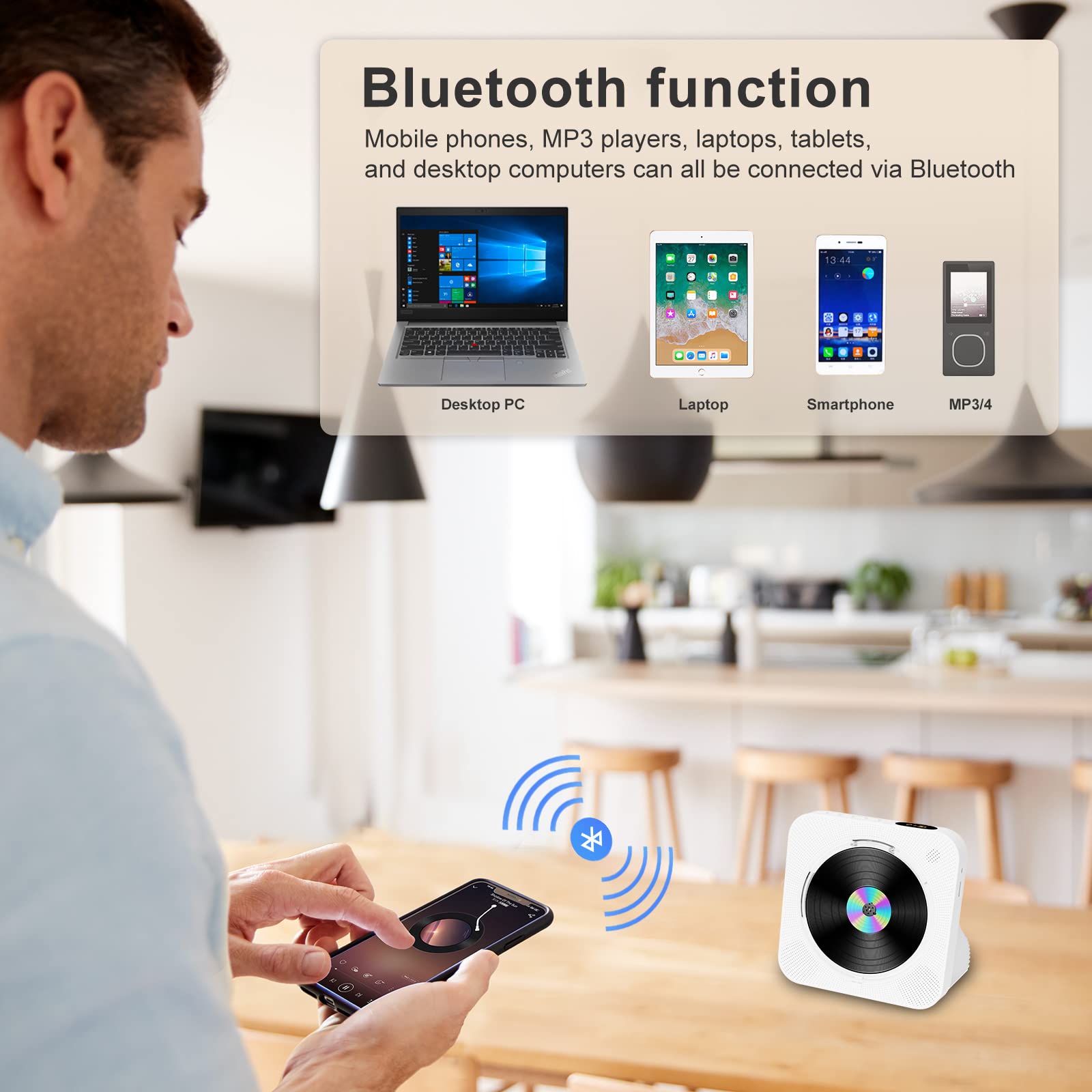 Portable Desktop CD Player for Home, with Timer, Remote Control, Inner Sperakers and Side LCD Screen Display Support FM Radio/USB/Bluetooth/CD Four Modes, Gift for Music Lovers