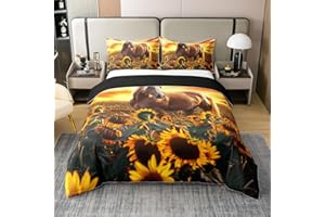 3D Horse Cotton Duvet Cover Queen Wild Animal Comforter Cover For Kids Boys Girls Teen Adult Women Sunflower 100% Cotton Set 