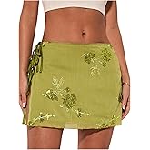 MakeMeChic Women's Floral Embroidery Mini Skirt Low Waist Tie Side Split Skirts
