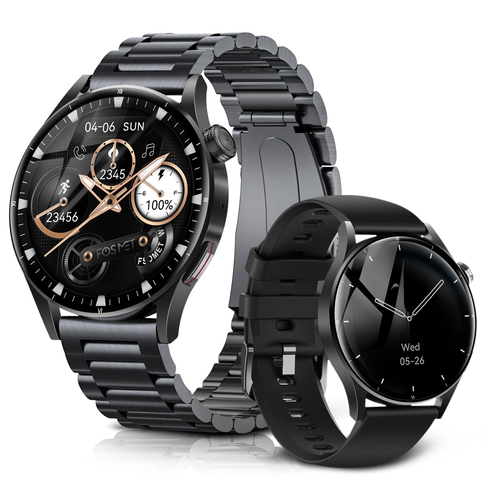 FOSMET QS40 Round Men's Smart Watch, Constant Display, 1.43 Inches, Super AMOLED Display, Sapphire Glass, 10 Days Battery Life, GPS Linkable Apps, Smart Watch, iPhone and Android Compatible, IP68