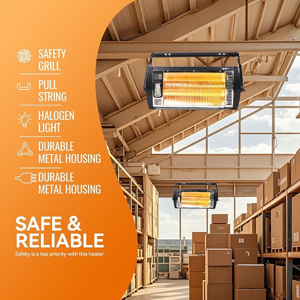 BEYOND HEAT ELECTRIC GARAGE HEATER 120V, 750/1500W CEILING MOUNT SPACE HEATER FOR GARAGE, SHOP, PATIO WITH 90° ADJUSTABLE TILT, DUAL QUARTZ RADIANT, SAFETY METAL GRILLE AND OVERHEAT PROTECTION, 1-PACK