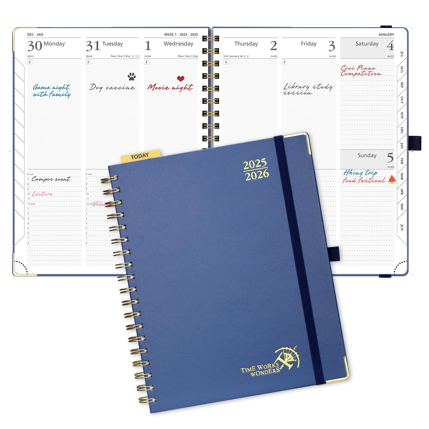 Photo 1 of POPRUN Academic Planner 2025-2026 (July 2025-June 2026), Daily Weekly and Monthly Appointment Book (Wirebound Hard Cover - 10'' x 8'') with Hourly Time Slots, Tabs, 100 GSM - Navy Blue
