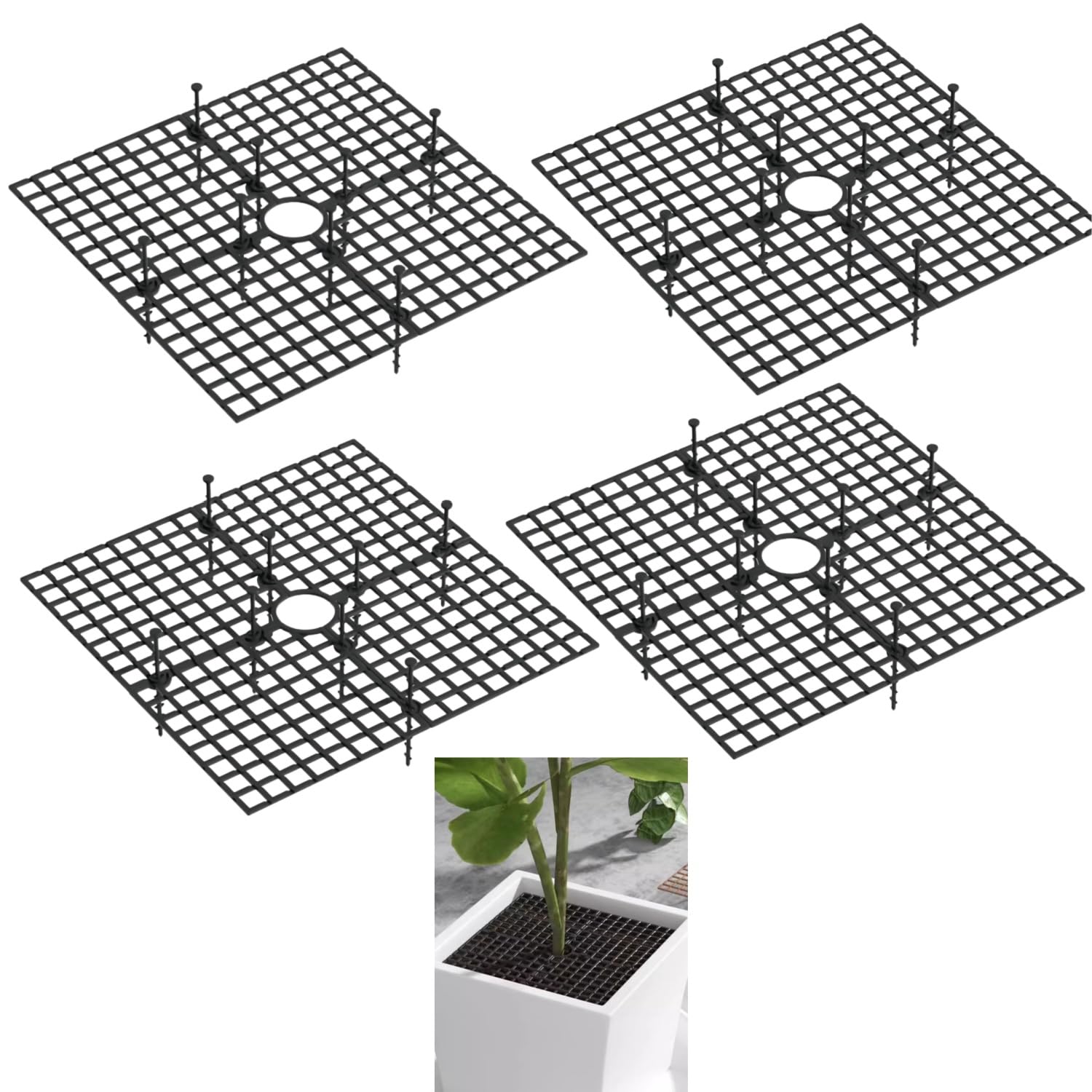 Wuyue Hua 4 Pcs Plant Pot Cover Plant Protector from Animal 30cm/11.8" Plant Pot Grid with Center Cutout Flower Cover Soil Protectors for Plants (Black)