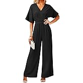 LOOKBOHO Women's One Piece Jumpsuits Dressy Casual V-Neck Batwing Short Sleeve Wide Leg Elegant Ladies Jumpsuit Rompers