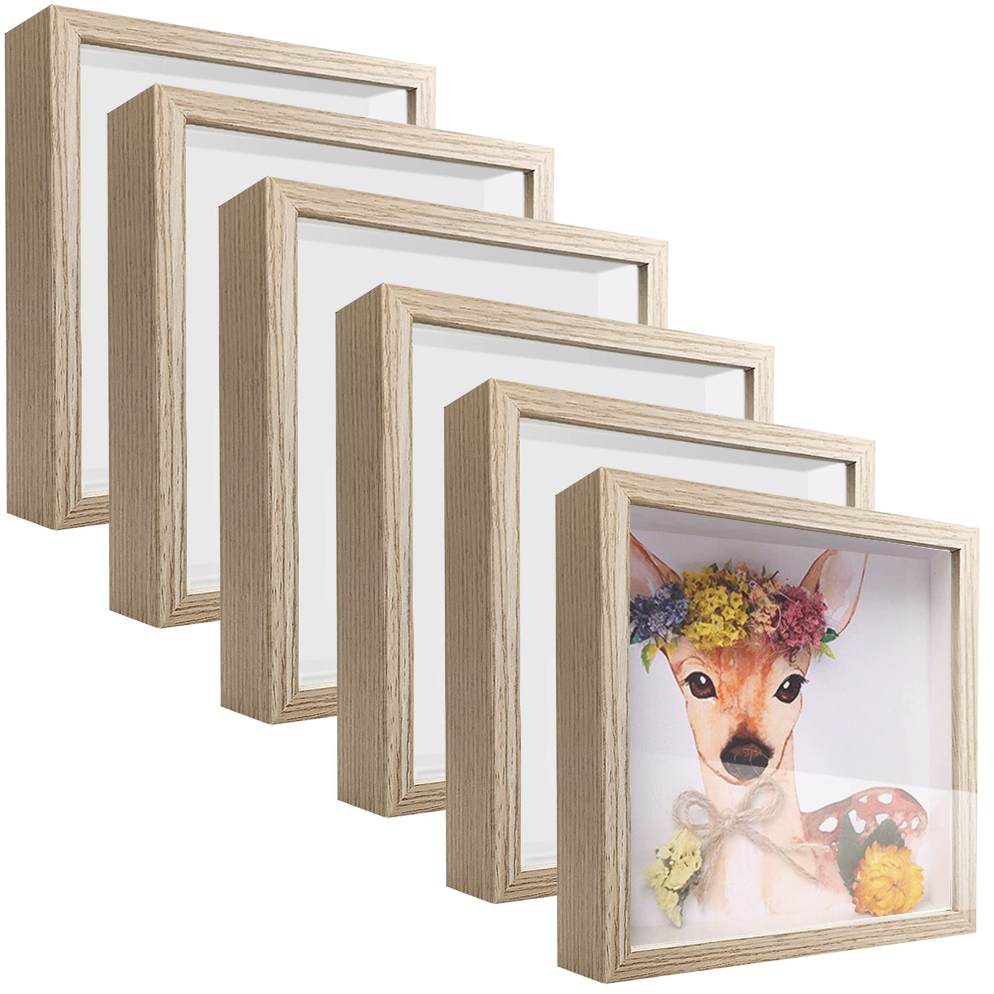 Photo 1 of SUNMEG 8x8 Shadow Box Frame Display Case, Wood with Plexiglass, Display Case Box for Memorabilia, Medal, Crafts,Tickets and Photos, Picture Frame for Wall and Tabletop (8x8, 6pcs-Natural Wood)