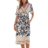 CUPSHE Summer Womens Summer Dresses V Neck Short Sleeve Vacation Casual Smocked Beach Midi Wedding Guest Dress