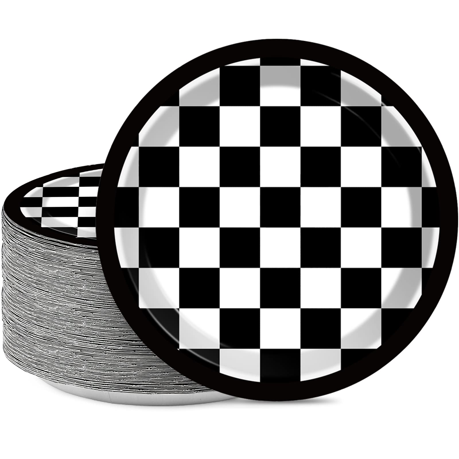 Photo 1 of 48 Pieces Black and White Checkered Flag Party Paper Plates for Race Car Party Supplies 7" Racing Car Theme Disposable Dessert Plates for Boys Men Birthday Baby Shower Race Fans Party Decorations