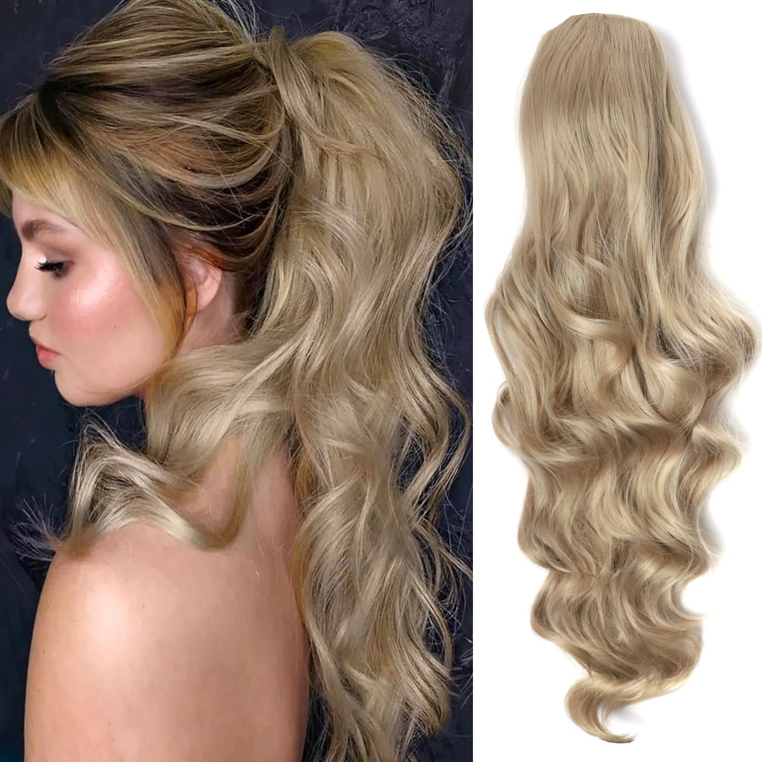 YEESHEDO Long Wavy Platinum Silver Blonde Drawstring Ponytail Hair Extension for Women Ladies Everyday Wear,Natural Pony tail Clip in Curly Synthetic Hairpiece 26 Inches — image 1