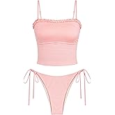 ZAFUL Women's Tankini Swimsuits Ruffles High Cut Swimwear Striped Tie Back Knot Two Piece Cheeky Bathing Suit