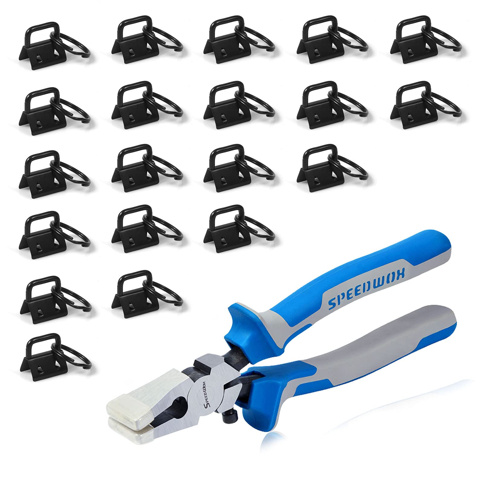 SPEEDWOX 20 Pcs 0.8" Dark Black Key Fob Hardware Set with Pliers, 8 Inch Glass Breaking Pliers with Rubber Tips TPR Handles, for Wristlet Keychain Key Lanyard Making