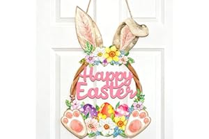 YJHAT Wooden Easter Hollow Bunny Door Wreath Hanging Sign, Rabbit Flower Egg Welcome Decor for Spring Front Door & Wall Home 