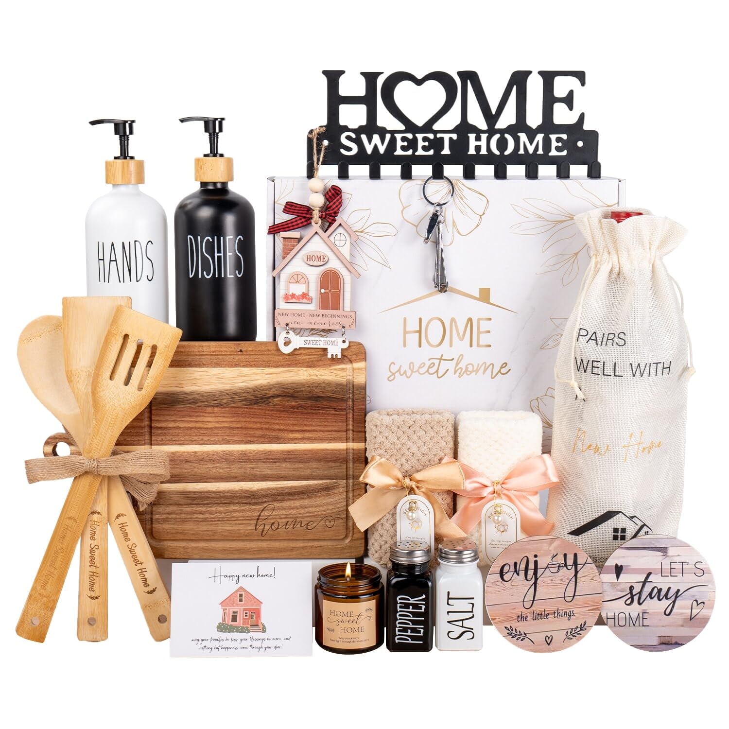 Photo 1 of ***MISSING PIECES / CANDLE, BOTH HAND & SOAP DISPENSERS *** House Warming Gifts New Home, 19pcs New Home Gift Basket For Homeowners, Couple Women Neighbor - Includes Decoration, Kitchenware, Towel, Greeting Card, First Time Home Buyer Gift, Housewarming G