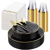175 Pieces Black Gold Plastic Dinnerware Set, Gold Disposable Plates for Party, Include 50 Black Plates with 75 Plastic Cutlery, 25 Napkins and 25 Cups