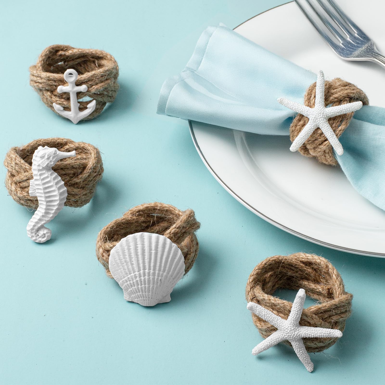 Photo 1 of Coastal Starfish Napkin Rings - Set of 12 White Starfish Seahorse Shell Anchor Napkin Rings Bulk for Crafts, Beach, Dinner Party, Wedding, Theme Party, Banquet, Nautical, Coastal Table Decor