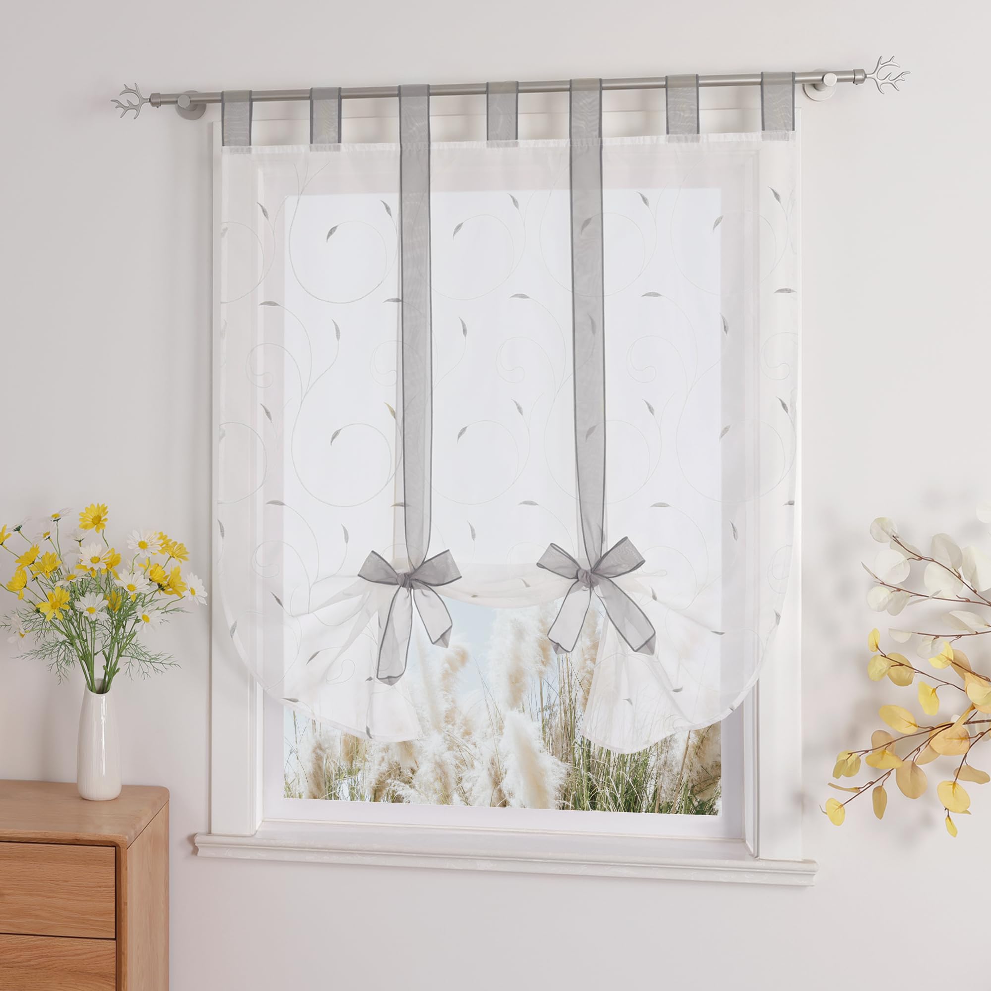 Voile Embroidery Tie Curtain with Loops Roman Blind Silver Width 100 x Height 140 cm