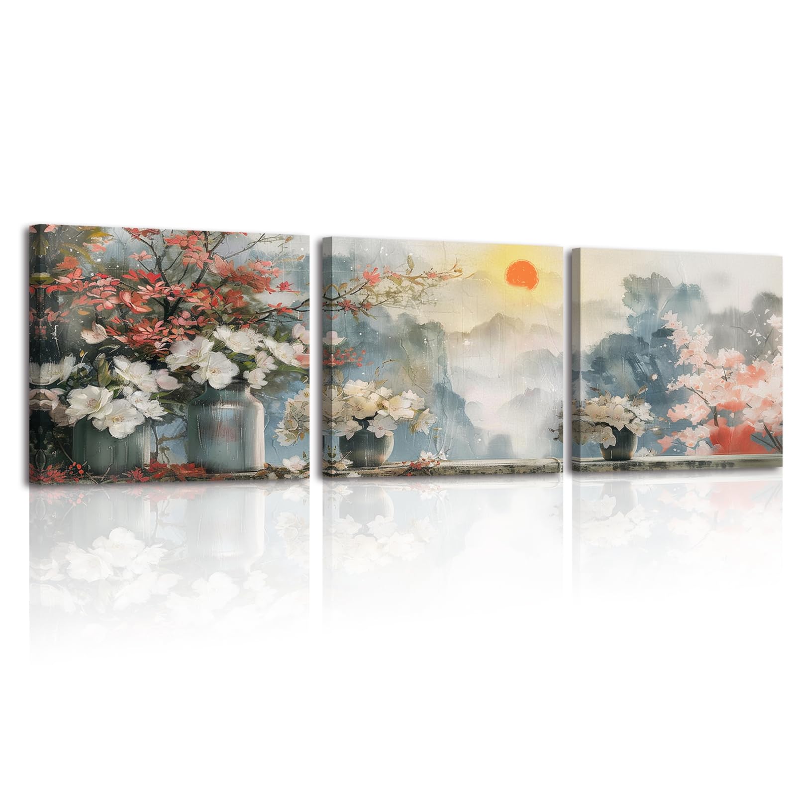 Piy Painting Canvas Wall Art Print Mountain View, Sunrise Scene Painting Print on Canvas, Modern Art Posters and Prints for Bedroom Yoga Room Office Café 3 panel 12x12 inch, Built-in Wooden Frame