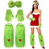 Beipegin Christmas Big Monster Santa Costume for Women, Green Fuzzy Leg Warmers Gloves Furry Hair Bow for Christmas Halloween Adult