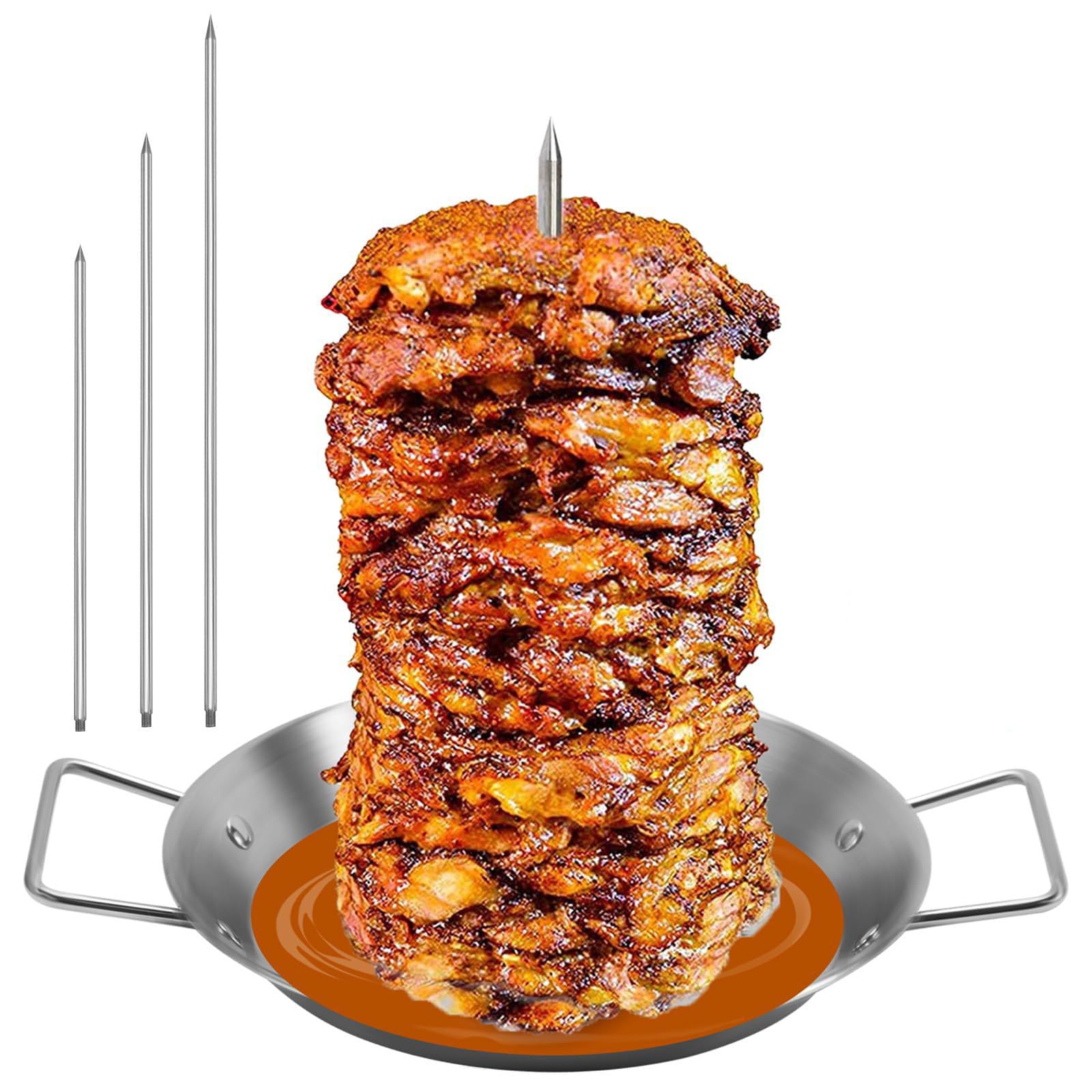 Kebab Skewer Stand and Plate, Stainless Steel Vertical Skewer and Kebab Plate for BBQ Plate Pan Barbecue Grilling Accessory with 3 Removable Spikes for Whole Chicken Fish