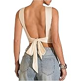 WDIRARA Women's Bow Tie Backless Satin Blouse Sexy Fitted Crop Tank Tops