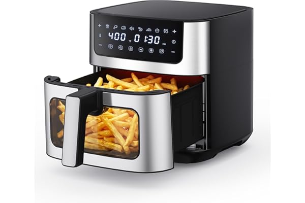 NEWBULIG Air Fryer 6.34QT, Airfryer with Visible Window, 400℉ Fast Heating Air Fryers Oven with Nonstick and Dishwasher-Safe Basket, 8-in-1 Cooking Preset, Timer，Auto-Off, Stainless Steel, Black