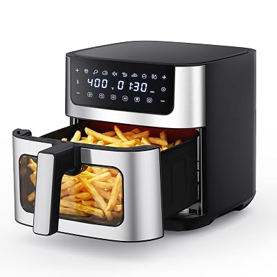 NEWBULIG Air Fryer 6.34QT, Airfryer with Visible Window, 400℉ Fast Heating Air Fryers Oven with Nonstick and Dishwasher-Safe Basket, 8-in-1 Cooking Preset, Timer,Auto-Off, Stainless Steel, Black