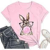 Bunny with Leopard Glasses T-Shirt for Women Cute Easter Bunny Graphic Tees Casual Short Sleeve Shirts Tops