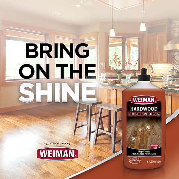 WEIMAN WOOD FLOOR POLISH AND RESTORER – 32 OUNCE – HIGH-TRAFFIC HARDWOOD FLOOR, NATURAL SHINE, REMOVES SCRATCHES, LEAVES PROTECTIVE LAYER, PACKAGING MAY VARY