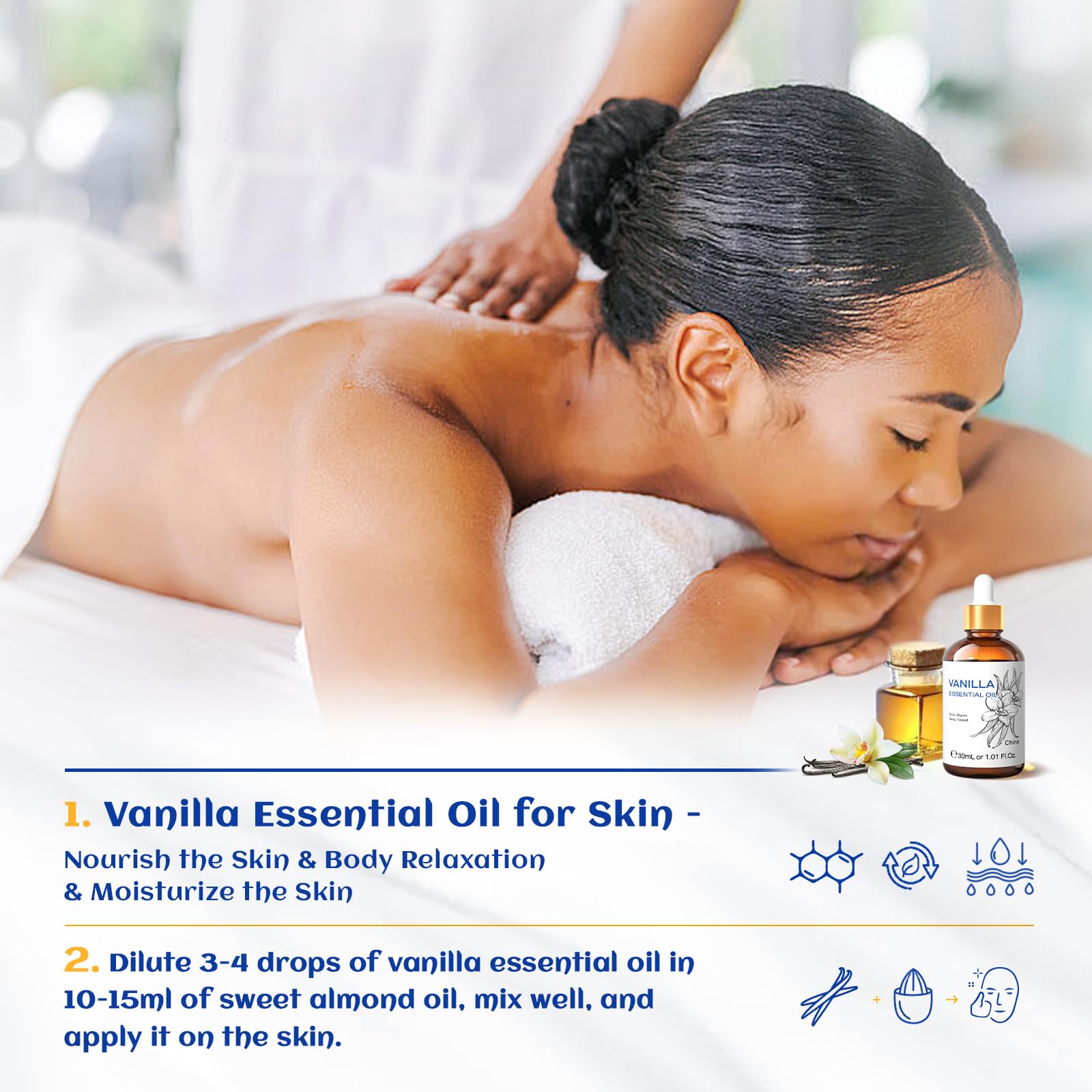 HIQILI 1 Fl Oz Vanilla Essential Oil, Undiluted Natural Strong Fragrance Add in Skin Perfume, Unscented Lotion, Candle Soap Making Scent, Relax at Home with Diffuse Warm Sweet Aroma