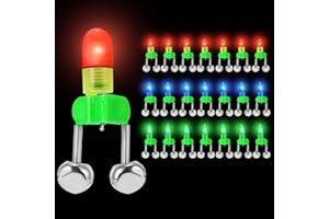Kailund 21Pcs Fishing Bells LED Rod Tip Lights for Night - Clip on Bait Alarms with Dual Metal Alert Bells for Ice Fishing - 3 Colors (7 Red, 7 Green, 7 Blue)