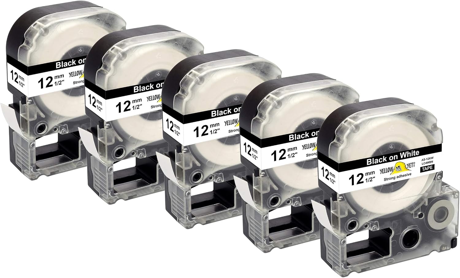 Yellow Yeti 5 Label Tapes LC-4WBN LC-4WBN9 Black on White 12mm x 8m Compatible with Epson LabelWorks LW-300 LW-300L LW-400 LW-500 LW-600P LW-700 LW-900P LW-1000P & KingJim Tepra Pro Label Makers