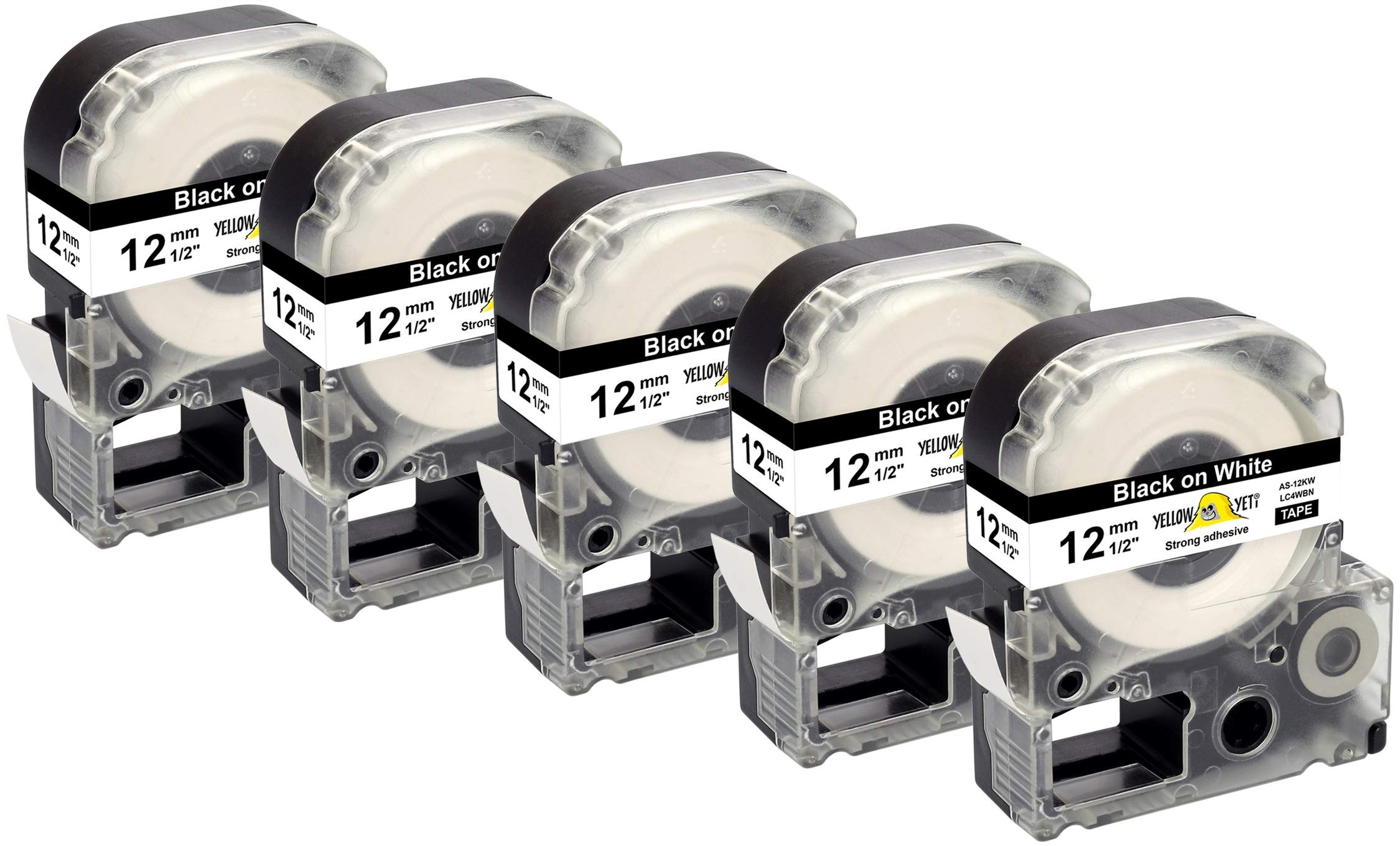 Yellow Yeti 5 Label Tapes LC-4WBN LC-4WBN9 Black on White 12mm x 8m Compatible with Epson LabelWorks LW-300 LW-300L LW-400 LW-500 LW-600P LW-700 LW-900P LW-1000P & KingJim Tepra Pro Label Makers
