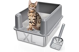 PEMATAR Stainless Steel Cat Litter Box High Sides, Large Litter Box for Big Cats, Extra Large Metal Litter Box with Lid, Enclosed Kitty Litter Box for Multiple Cats, Anti-Urine Leakage, Never Absorbs Odors