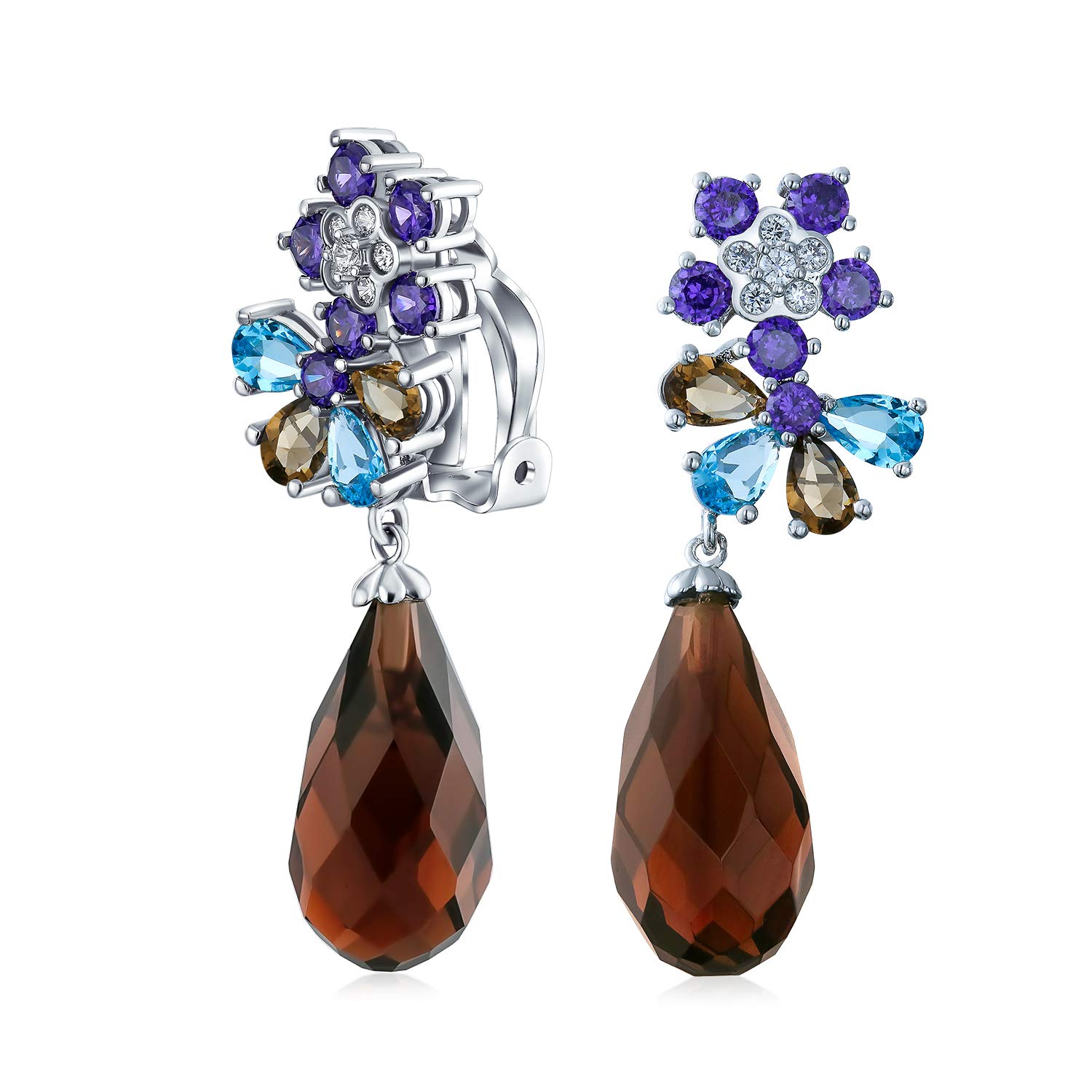 Burgundy CZ Teardrop Cubic Zirconia Flower Prom Statement Dangle Clip On Earrings For Women Silver Plated Brass โ image 1