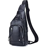 BULLCAPTAIN Leather Sling Bag Mens Chest Bag Casual Shoulder Crossbody Bags Travel Hiking Backpacks Daypack with USB Charging Port (Black)