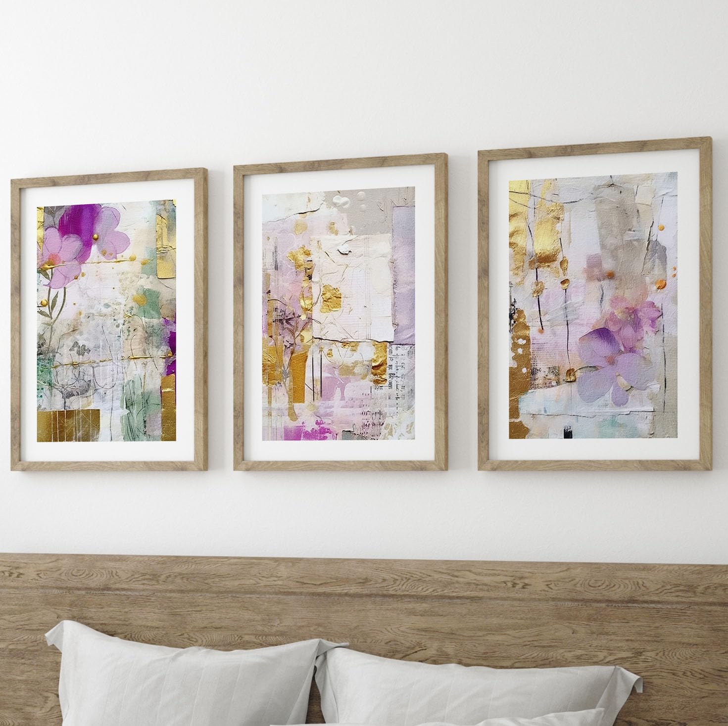 Golden Lilac Abstract Set of 3 Unframed Wall Poster Prints, Digitally Printed Painting Style, Lounge Bedroom Kitchen Bathroom Home Decor, Modern Abstract Layers Shades of Purple, and Gold (A3)