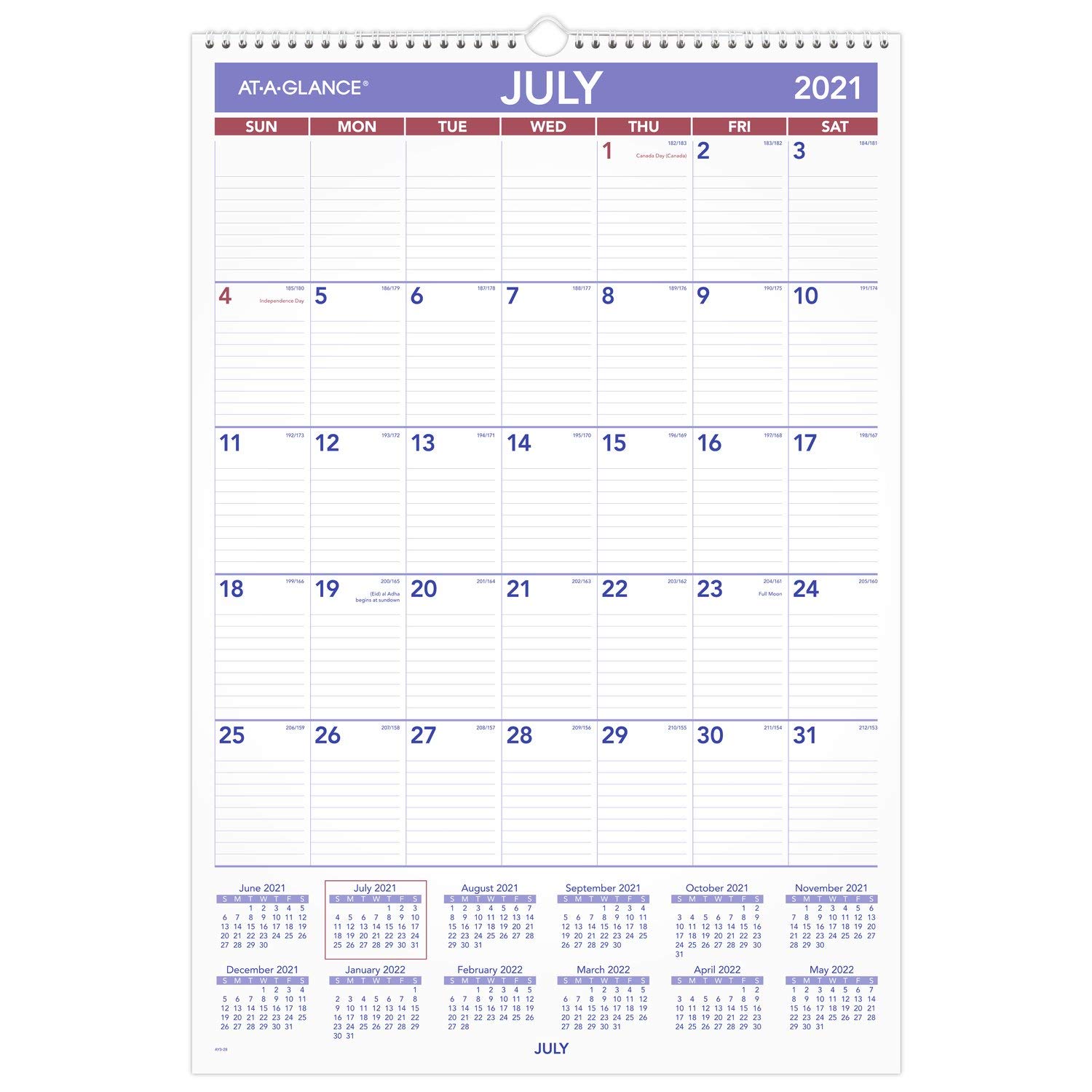 Academic Wall Calendar 2021-2022, AT-A-GLANCE, Monthly, 15-1/2" x 22-3/4", Large, for School, Teacher, Student (AY328)