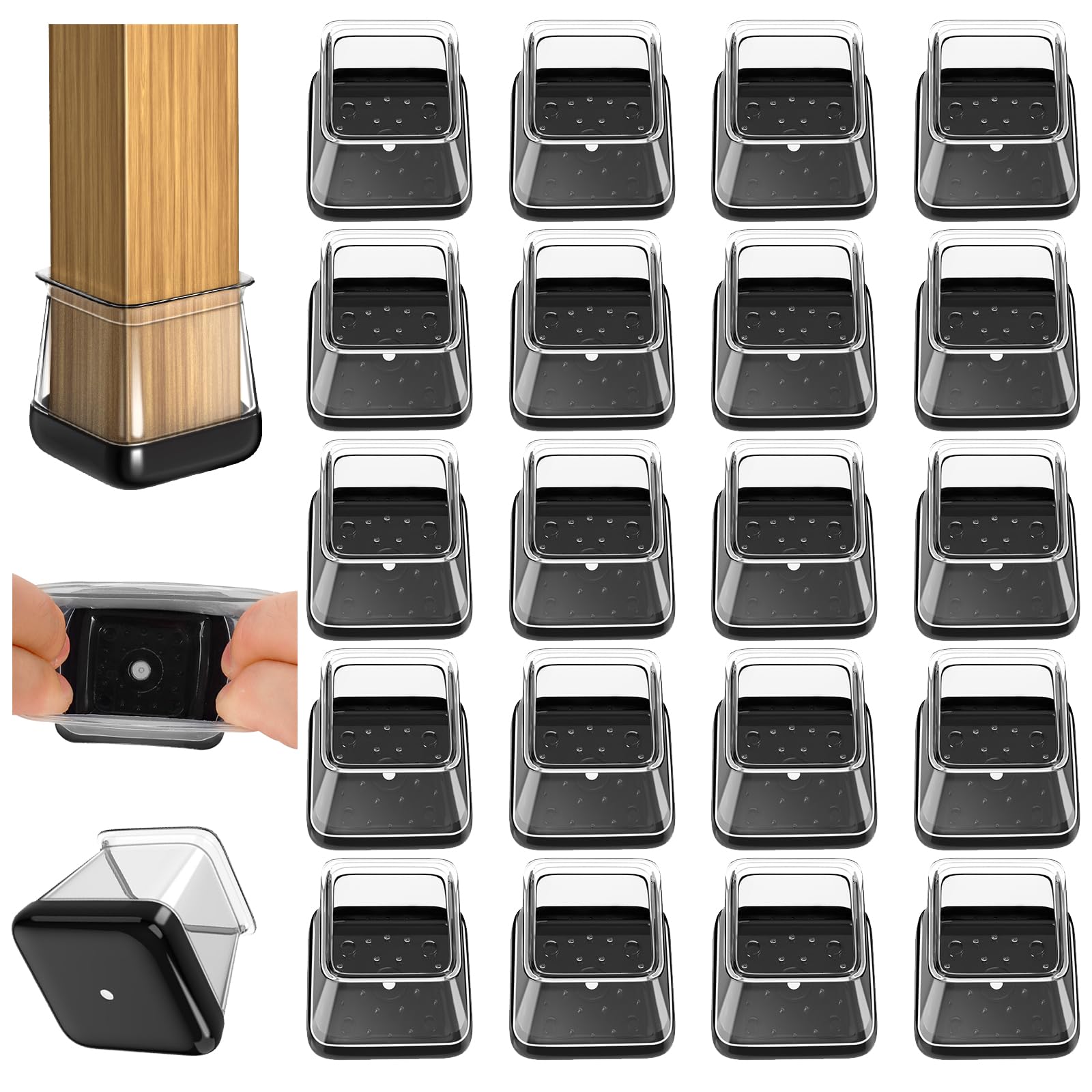 Chair Leg Covers, 20 PCS Chair Leg Floor Protectors Cap, Furniture pad, Silicone Carpet Protector Table Feet Cover, High Elastic Soft Rubber No Noise No Scratches (Square-L Fit: 26-36mm)