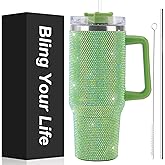 40oz Bling Tumbler with Handle and 2 Straw,Bling Cup for Large Water Capacity,Glitter Travel Mug with Lid，Rhinestone Water Bottle,Diamond Vacuum Insulated Stainless Steel Tumbler for Girls (Green)