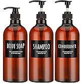 Segbeauty 32oz Shampoo Bottle, Empty Shampoo and Conditioner Bottle with Pump, 3pcs 1Liter Shampoo Dispenser Bottle for Body Soap Conditioner, Labeled Brown Plastic Press Dispenser Refillable