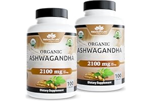NaturaLife Labs Organic Ashwagandha 2100 mg per Serving – Root Powder & Extract – 100 Capsules – Vegan, Non-GMO, Gluten-Free (2 Pack)
